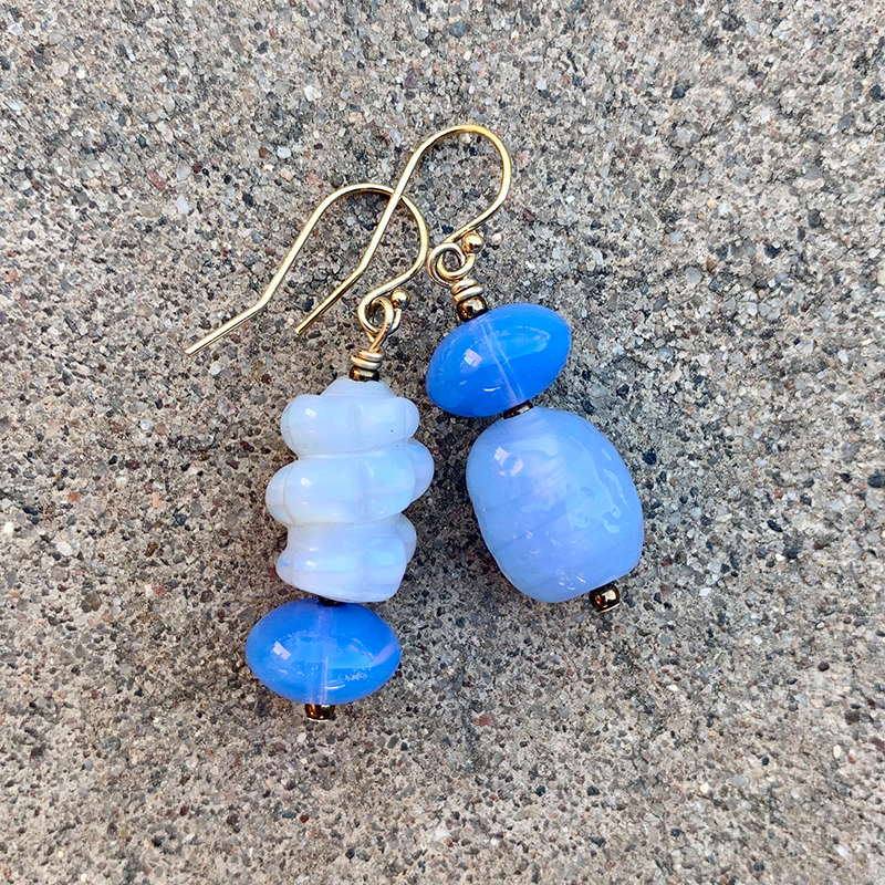 Necklace Set | Periwinkle blue chalcedony mid-century glass beads, opalescent Japanese "tide pool" glass