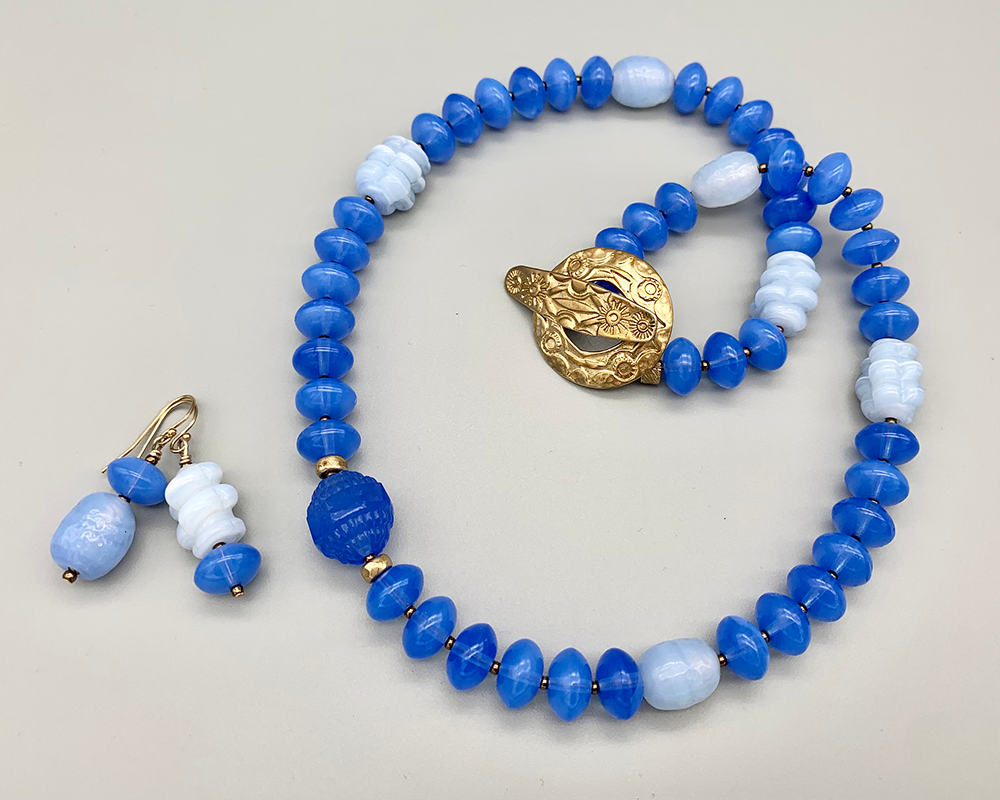 Necklace Set | Periwinkle blue chalcedony mid-century glass beads, opalescent Japanese "tide pool" glass