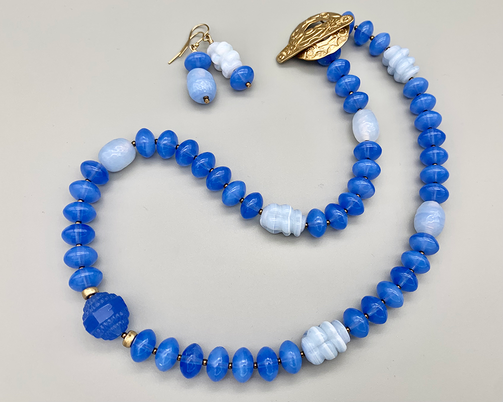 Necklace Set | Periwinkle blue chalcedony mid-century glass beads, opalescent Japanese "tide pool" glass