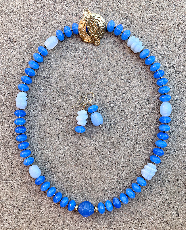 Necklace Set | Periwinkle blue chalcedony mid-century glass beads, opalescent Japanese "tide pool" glass