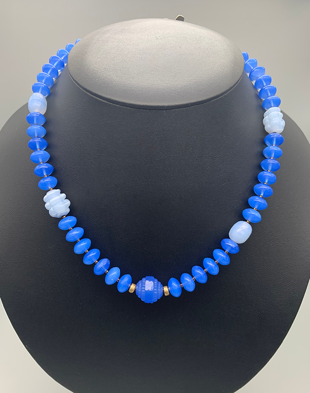 Necklace Set | Periwinkle blue chalcedony mid-century glass beads, opalescent Japanese "tide pool" glass