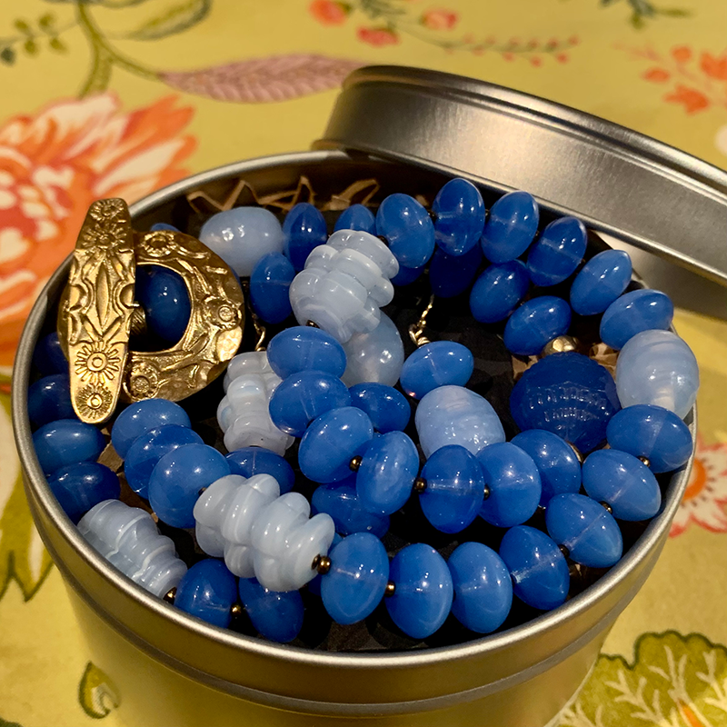 Necklace Set | Periwinkle blue chalcedony mid-century glass beads, opalescent Japanese "tide pool" glass