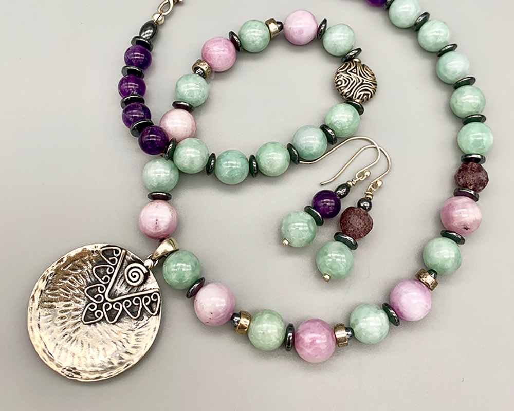Necklace Set | Glowing semi-precious stones, Southwest style sterling pendant, Burma jade, Kunzite, and amethyst rounds
