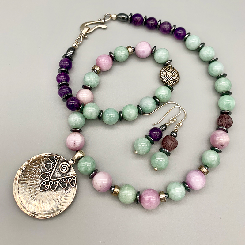 Necklace Set | Glowing semi-precious stones, Southwest style sterling pendant, Burma jade, Kunzite, and amethyst rounds