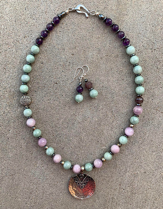 Necklace Set | Glowing semi-precious stones, Southwest style sterling pendant, Burma jade, Kunzite, and amethyst rounds