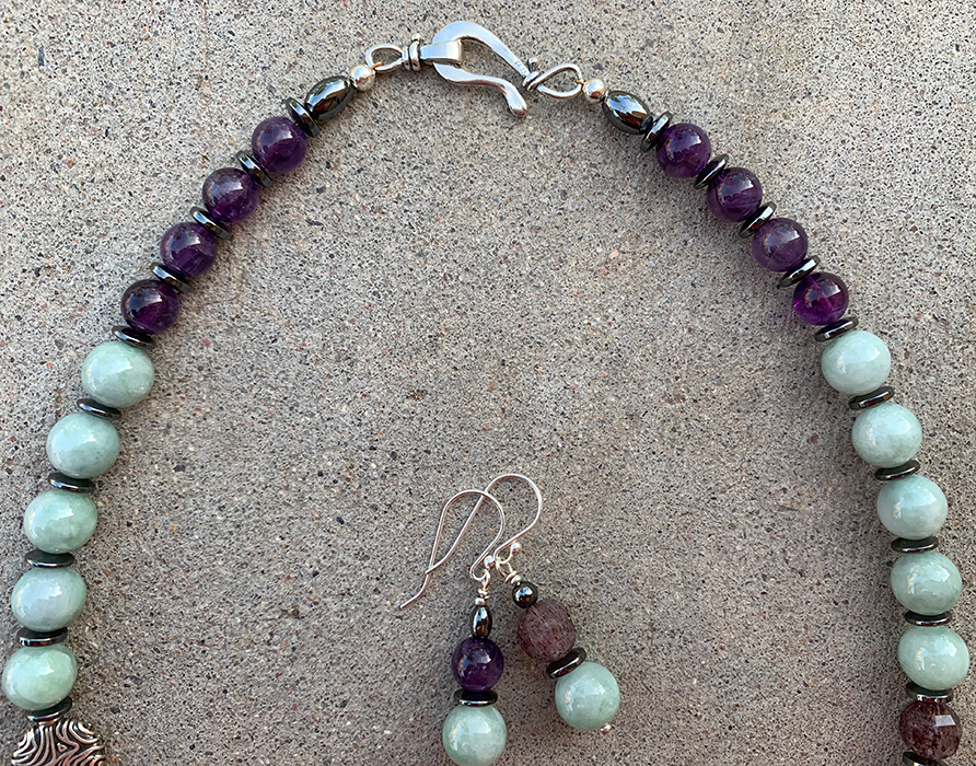 Necklace Set | Glowing semi-precious stones, Southwest style sterling pendant, Burma jade, Kunzite, and amethyst rounds