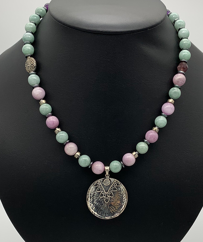 Necklace Set | Glowing semi-precious stones, Southwest style sterling pendant, Burma jade, Kunzite, and amethyst rounds