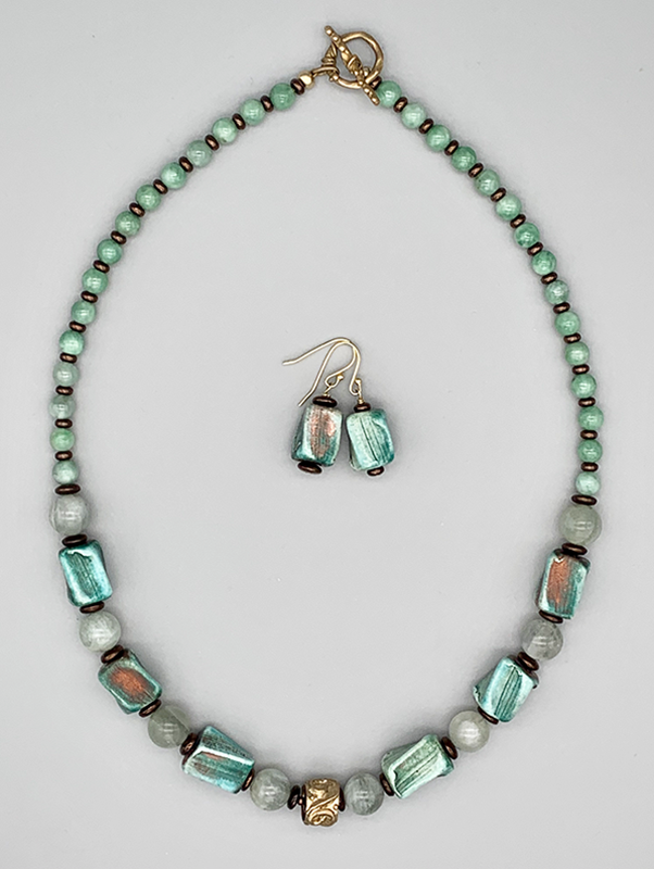 Necklace Set | Blue-green/copper raku, moonstone, and jade rounds