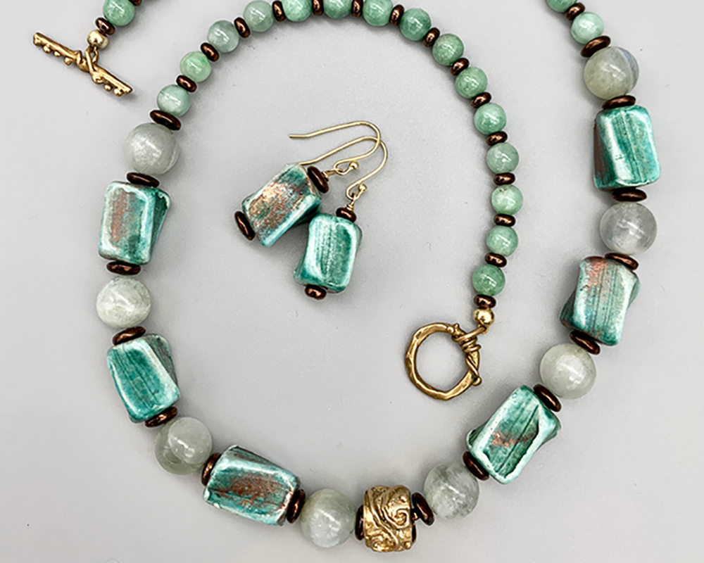 Necklace Set | Blue-green/copper raku, moonstone, and jade rounds