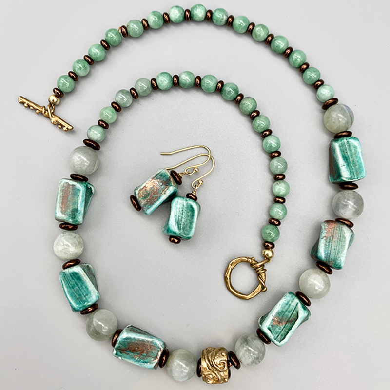 Necklace Set | Blue-green/copper raku, moonstone, and jade rounds