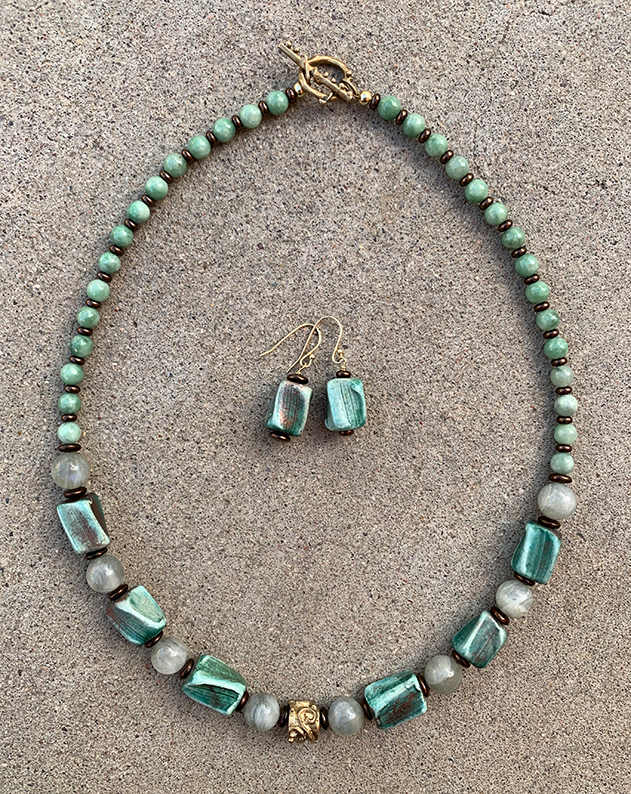 Necklace Set | Blue-green/copper raku, moonstone, and jade rounds