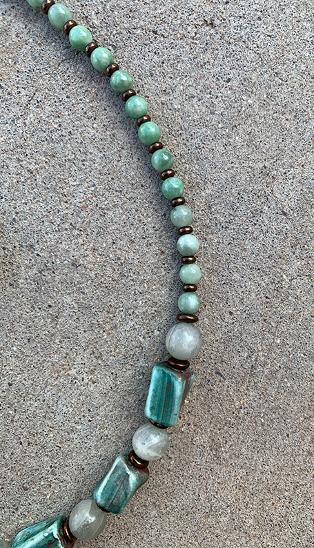 Necklace Set | Blue-green/copper raku, moonstone, and jade rounds
