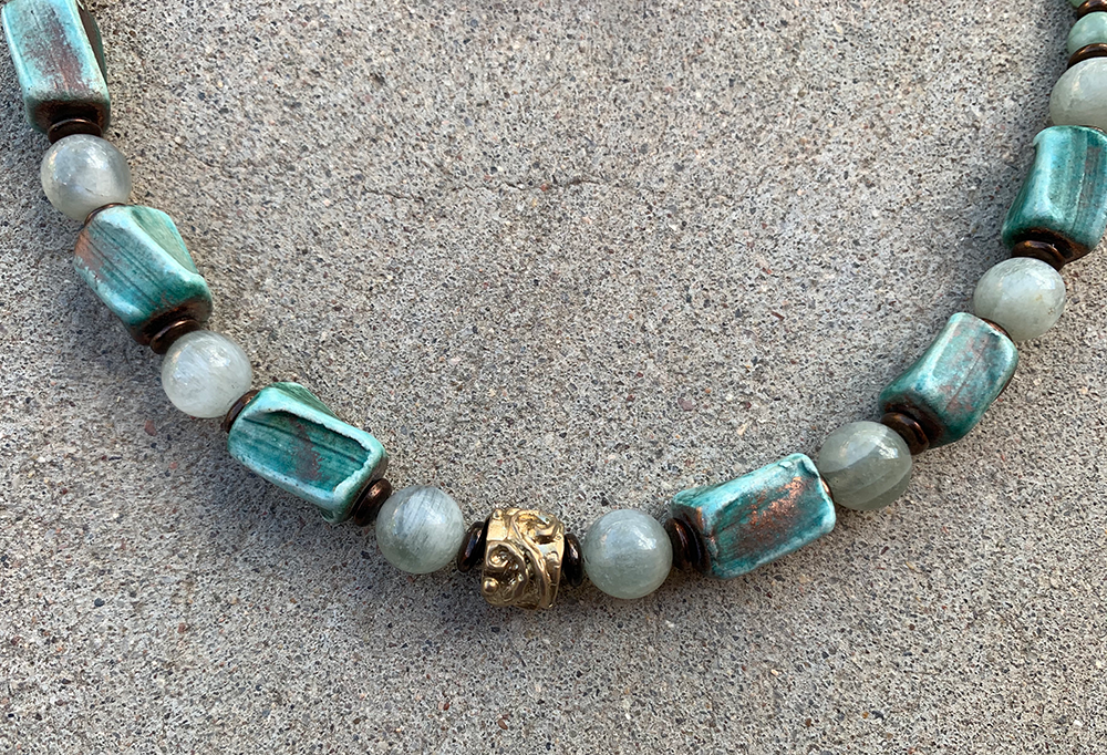 Necklace Set | Blue-green/copper raku, moonstone, and jade rounds