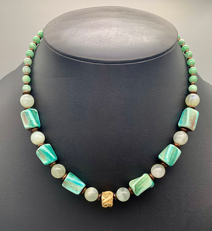 Necklace Set | Blue-green/copper raku, moonstone, and jade rounds