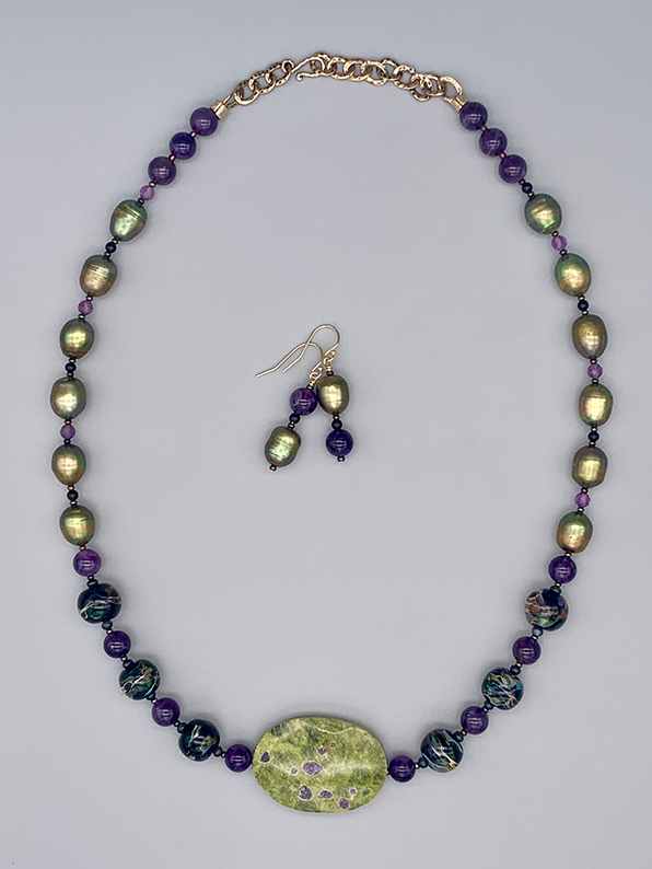 Necklace Set | Atlantisite focal stone, artisan lampwork beads, freshwater pearls, amethyst, onyx