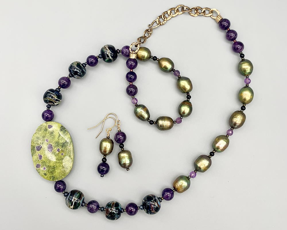Necklace Set | Atlantisite focal stone, artisan lampwork beads, freshwater pearls, amethyst, onyx