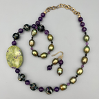 Necklace Set | Atlantisite focal stone, artisan lampwork beads, freshwater pearls, amethyst, onyx
