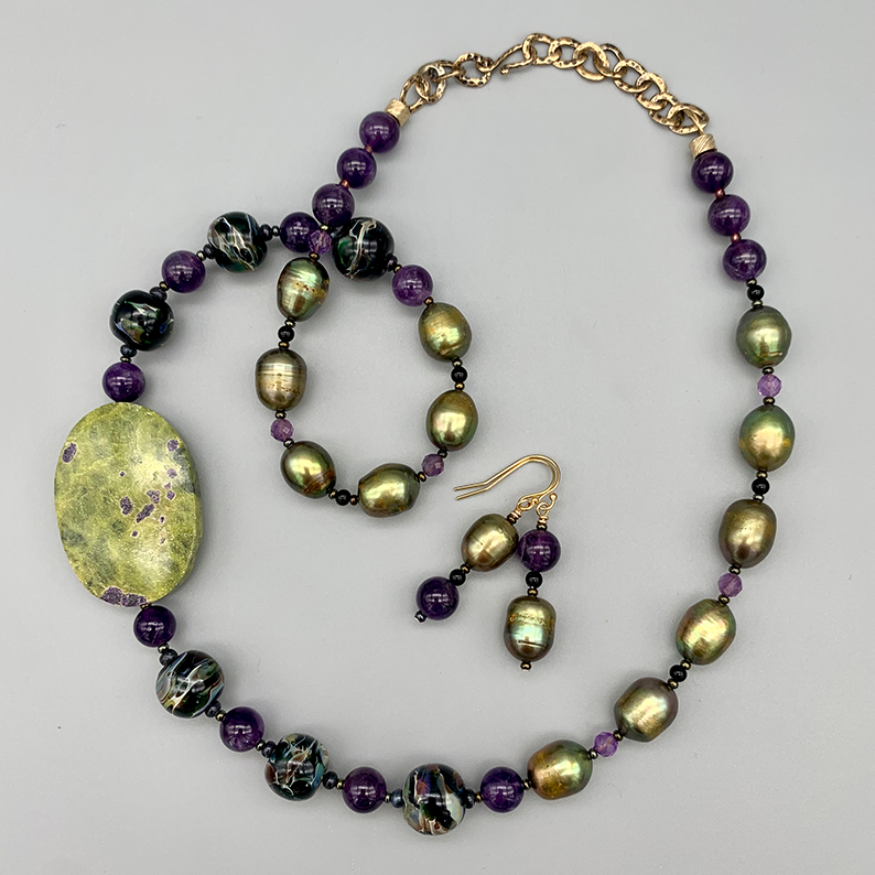 Necklace Set | Atlantisite focal stone, artisan lampwork beads, freshwater pearls, amethyst, onyx