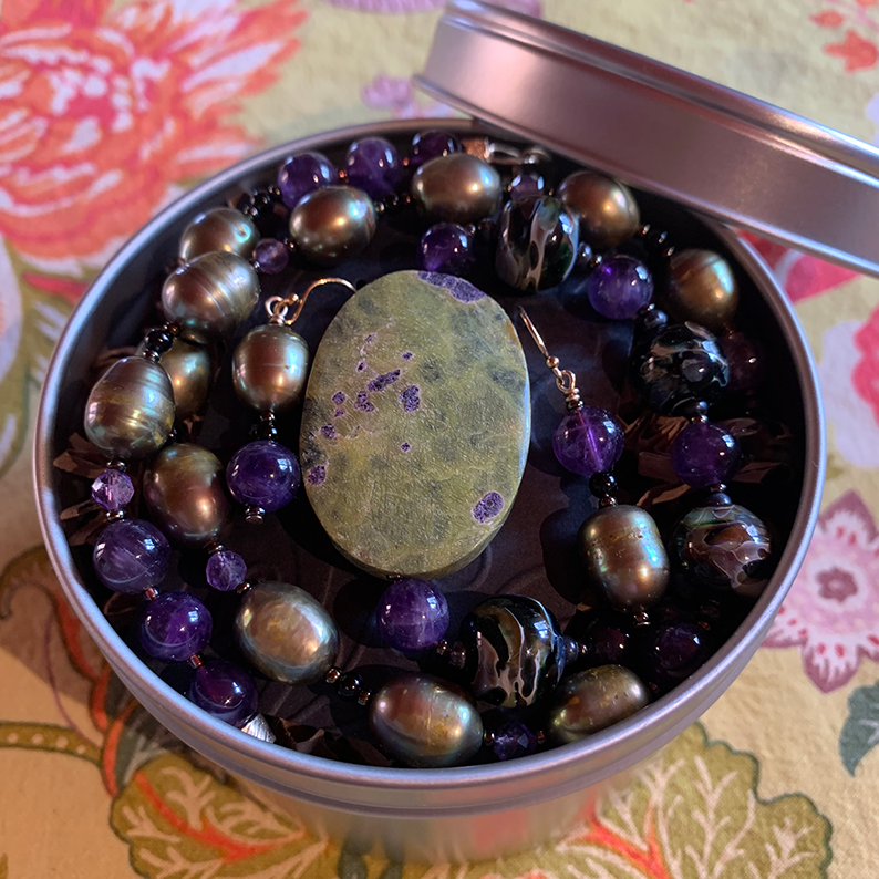 Necklace Set | Atlantisite focal stone, artisan lampwork beads, freshwater pearls, amethyst, onyx