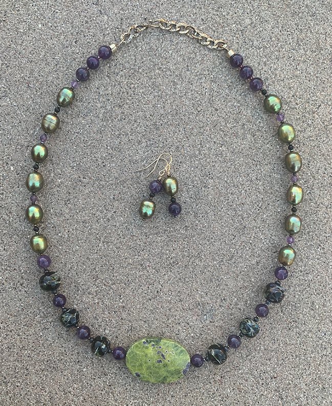 Necklace Set | Atlantisite focal stone, artisan lampwork beads, freshwater pearls, amethyst, onyx