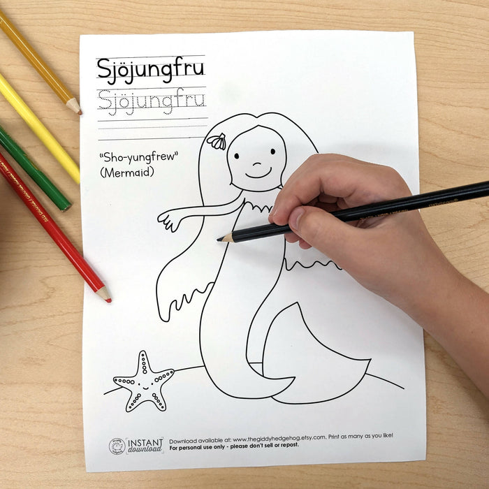 DIY Printable Swedish Mermaid Coloring Page Learn Language Tracing Letters Worksheet Kids Sweden Svensk Målarbok Målarsida Instant Download