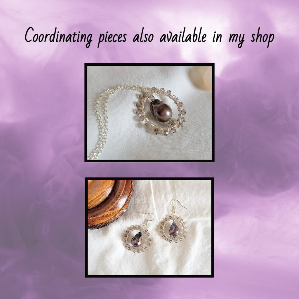 Baroque Pearl and Smokey Gray Bicone Silver Pendant with Thin Chain