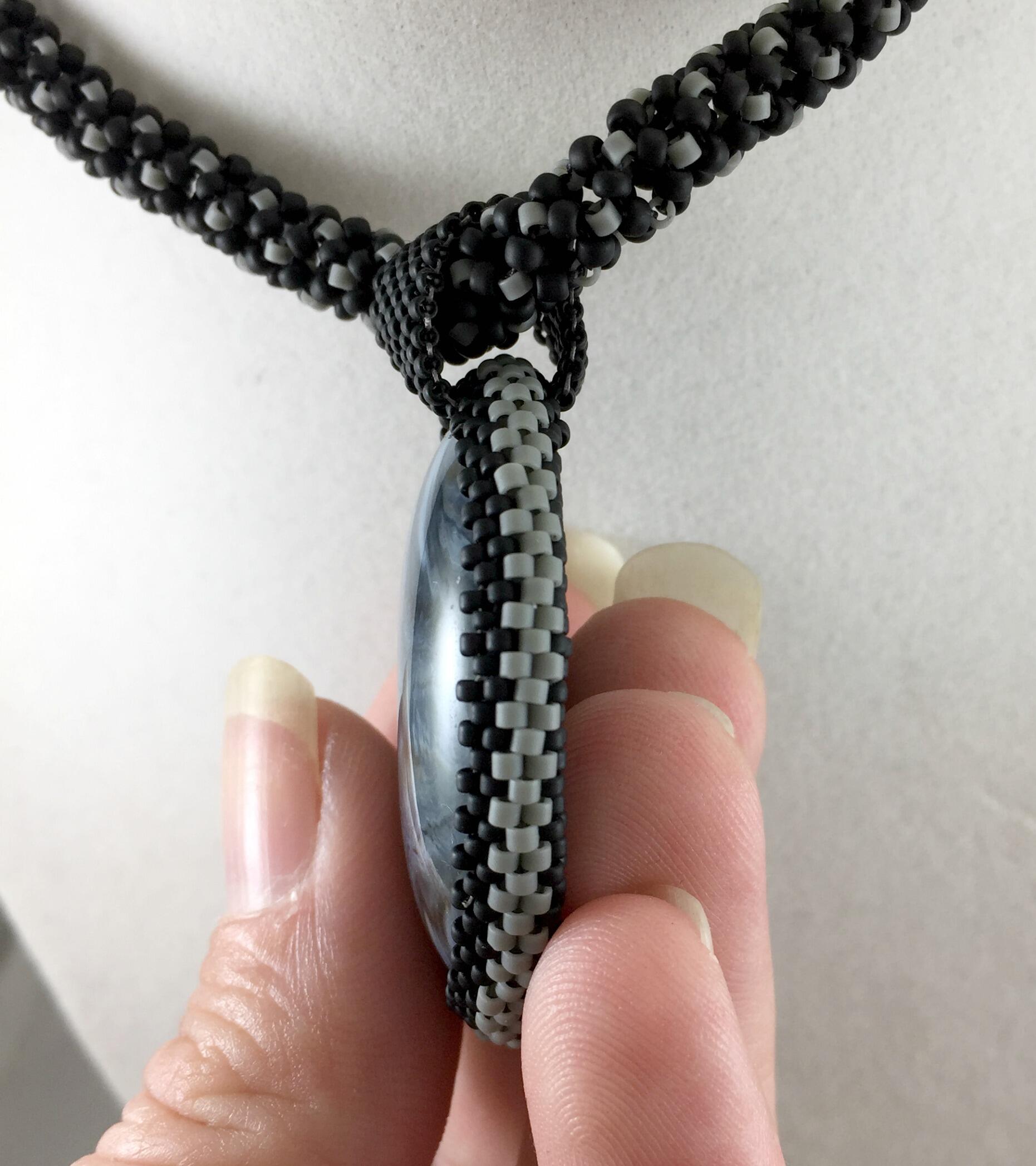 Black and Grey Beaded Necklace with Bead Wrapped Acrylic Pendant, 18 Inch