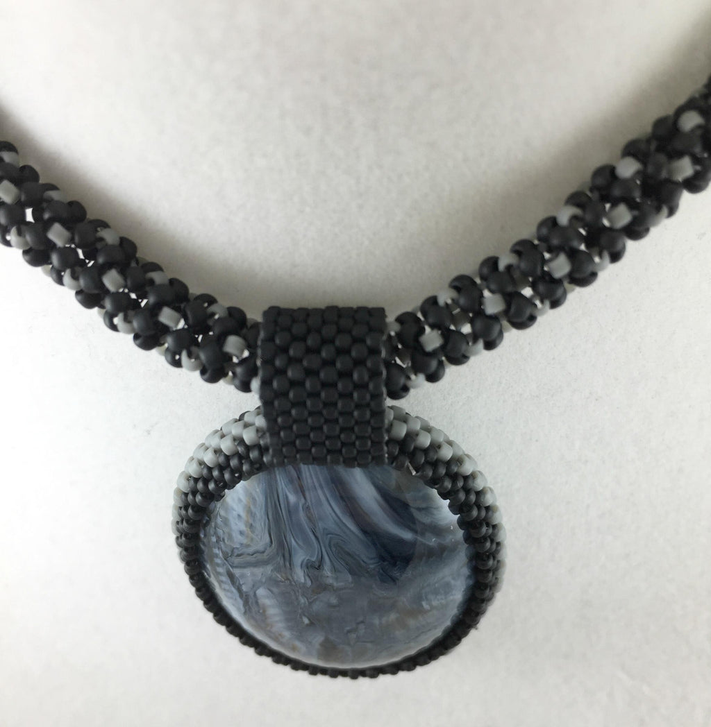 Black and Grey Beaded Necklace with Bead Wrapped Acrylic Pendant, 18 Inch