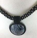 Black and Grey Beaded Necklace with Bead Wrapped Acrylic Pendant, 18 Inch