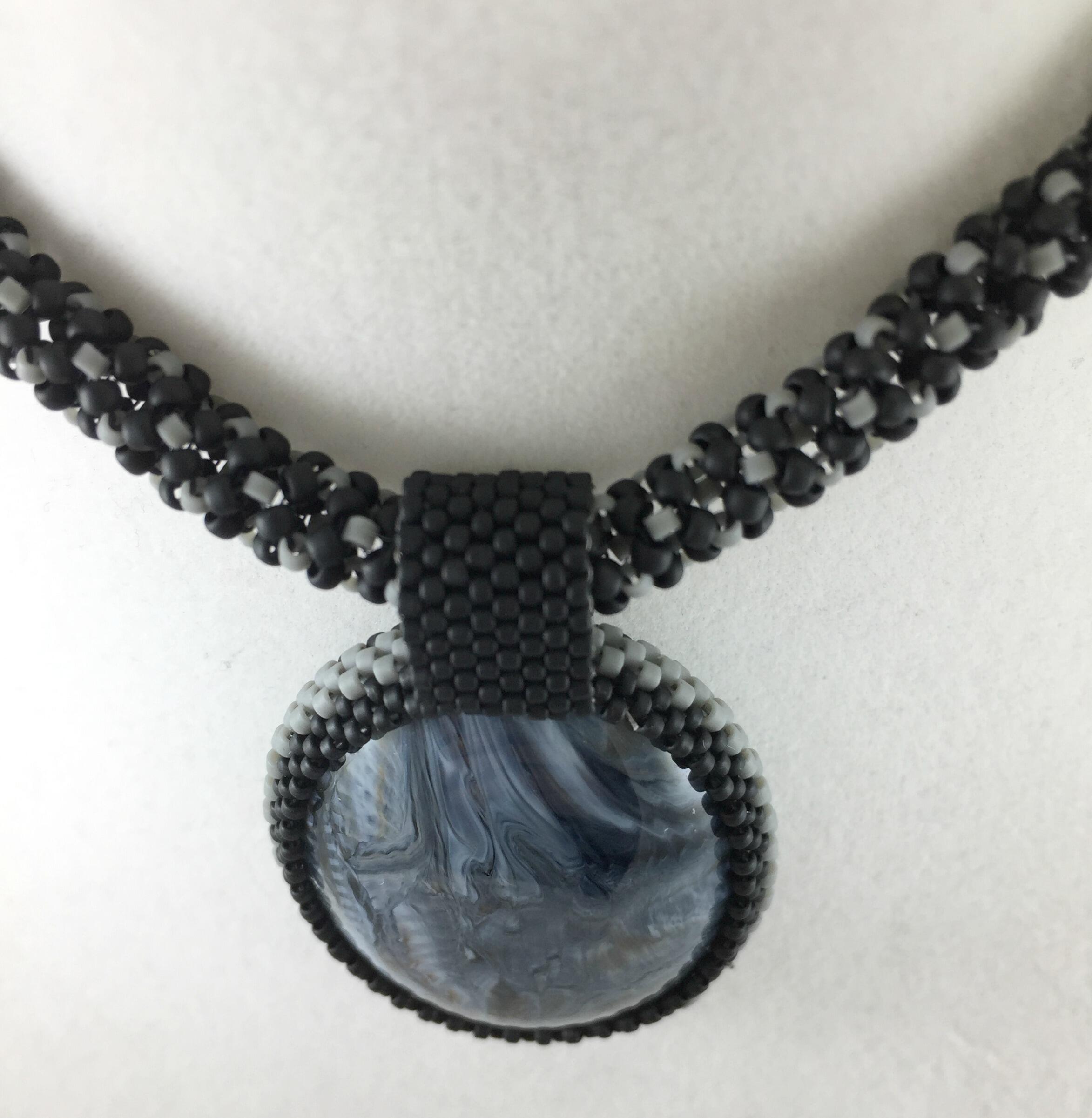 Black and Grey Beaded Necklace with Bead Wrapped Acrylic Pendant, 18 Inch