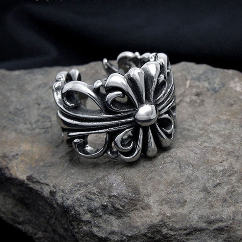 Stunning Punk Goth Floral Cross Silver Ring Unique
