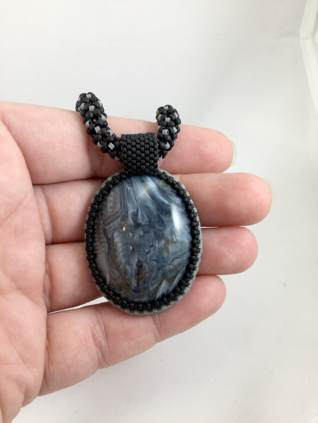 Black and Grey Beaded Necklace with Bead Wrapped Acrylic Pendant, 18 Inch
