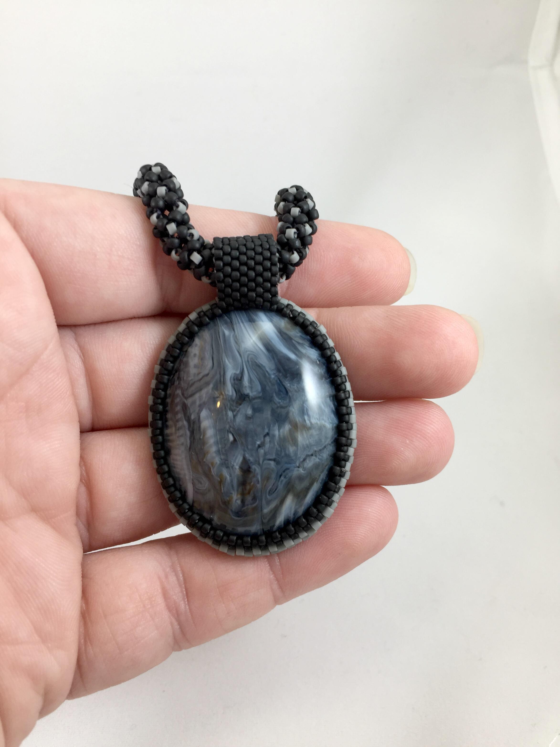 Black and Grey Beaded Necklace with Bead Wrapped Acrylic Pendant, 18 Inch
