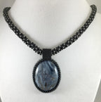 Black and Grey Beaded Necklace with Bead Wrapped Acrylic Pendant, 18 Inch