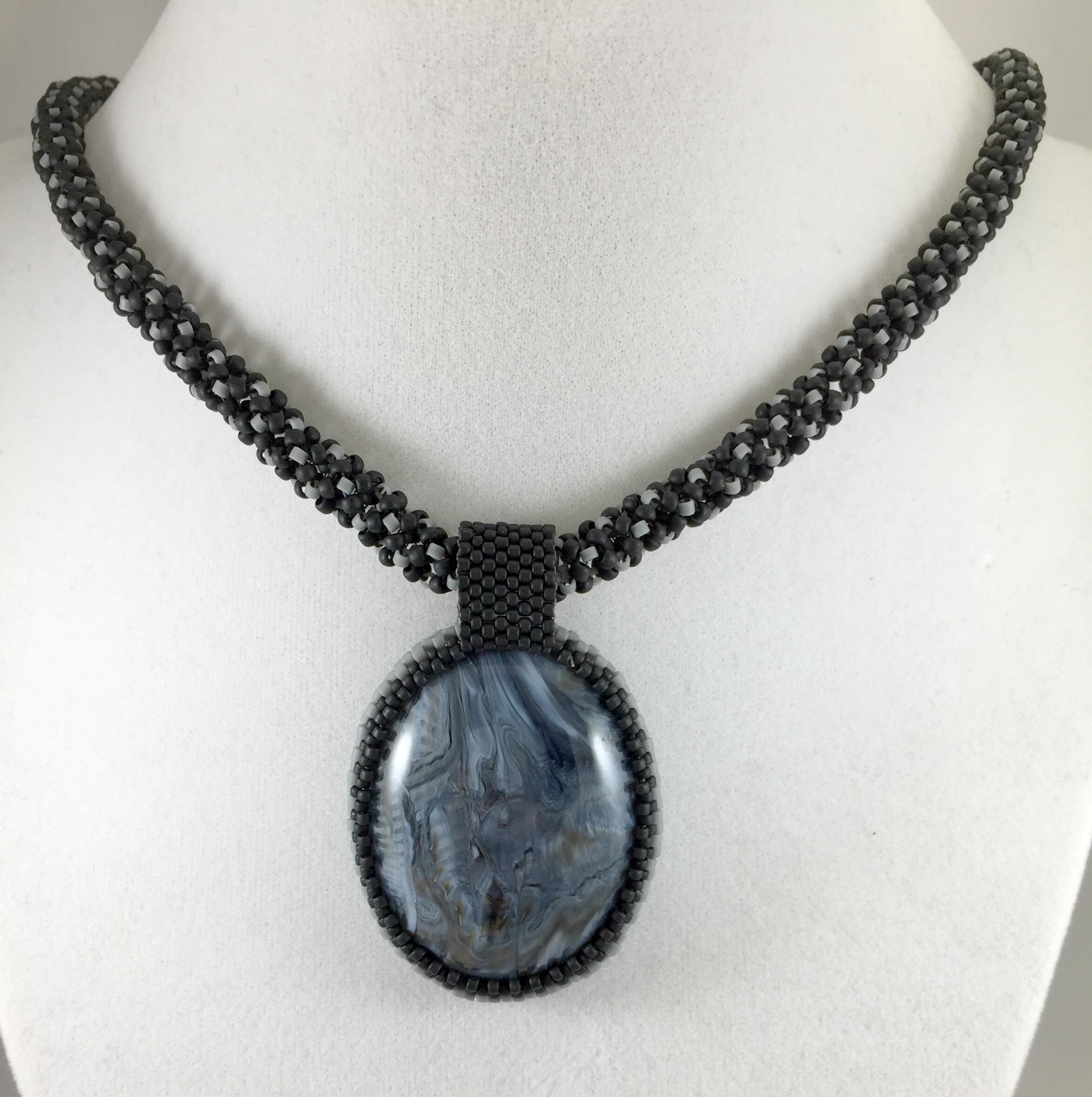 Black and Grey Beaded Necklace with Bead Wrapped Acrylic Pendant, 18 Inch