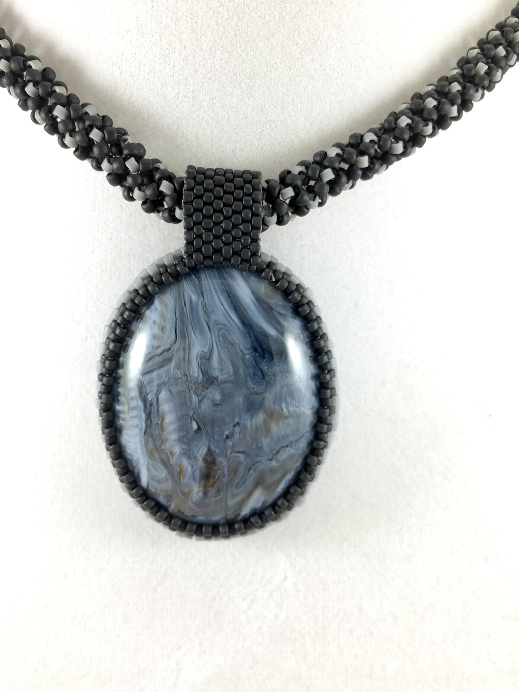 Black and Grey Beaded Necklace with Bead Wrapped Acrylic Pendant, 18 Inch