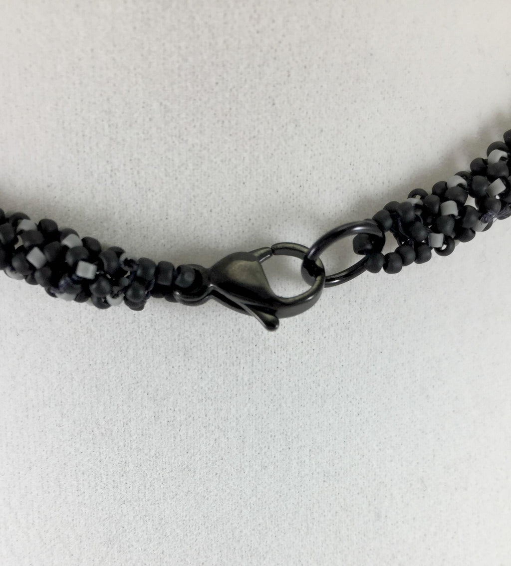 Black and Grey Beaded Necklace with Bead Wrapped Acrylic Pendant, 18 Inch