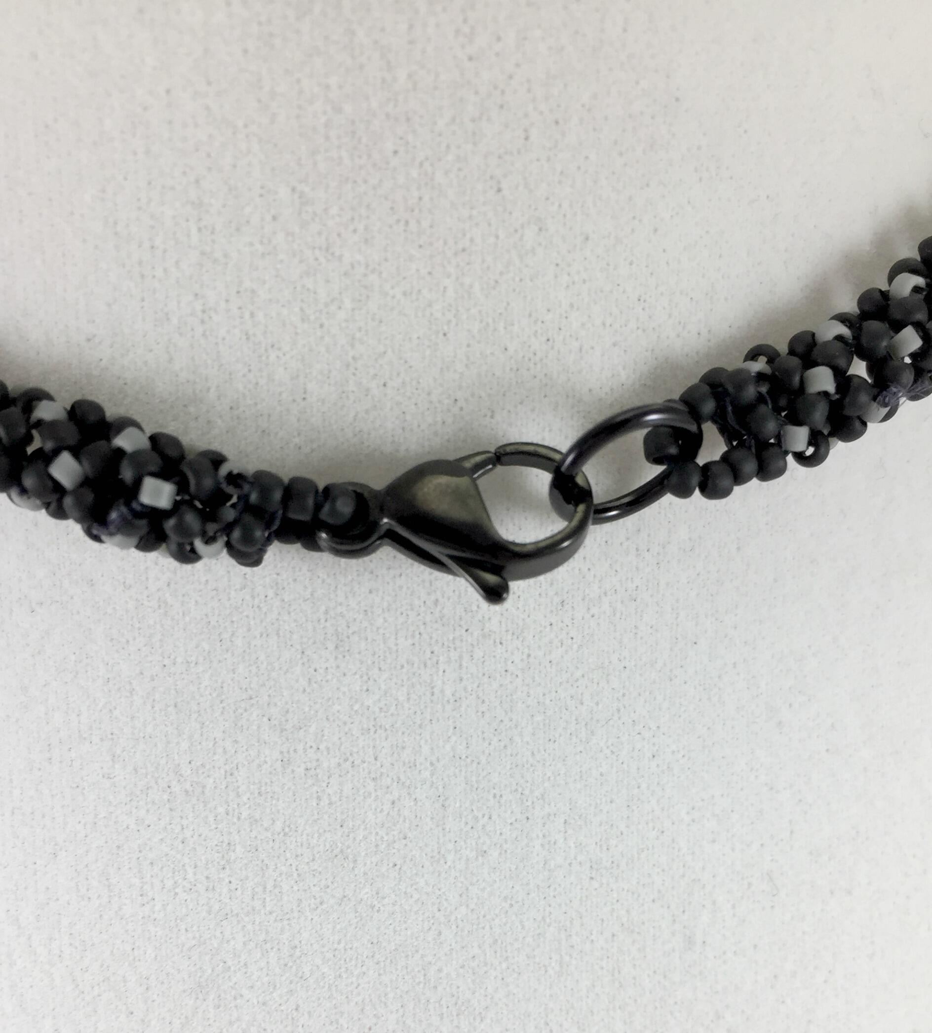 Black and Grey Beaded Necklace with Bead Wrapped Acrylic Pendant, 18 Inch
