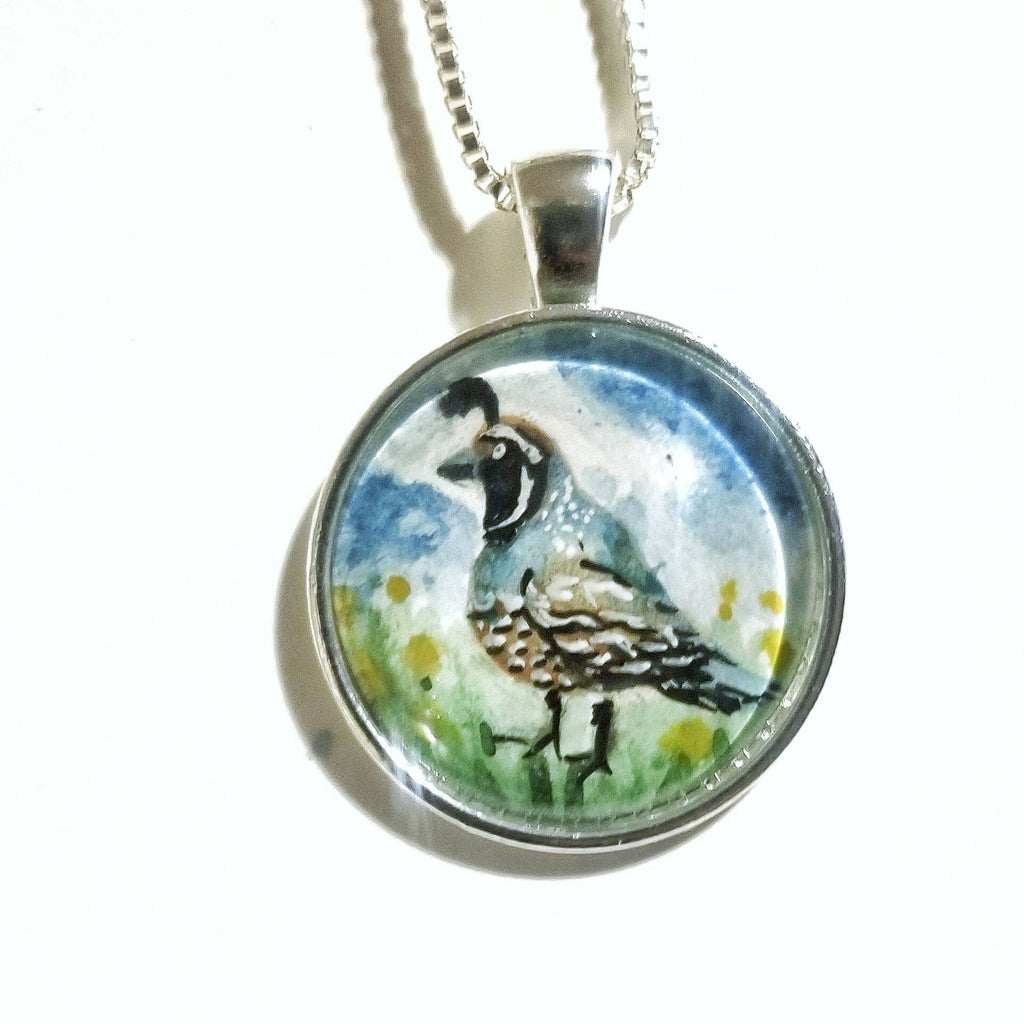 Quail necklace miniature wearable painting. Hand-Painted California state bird in watercolor