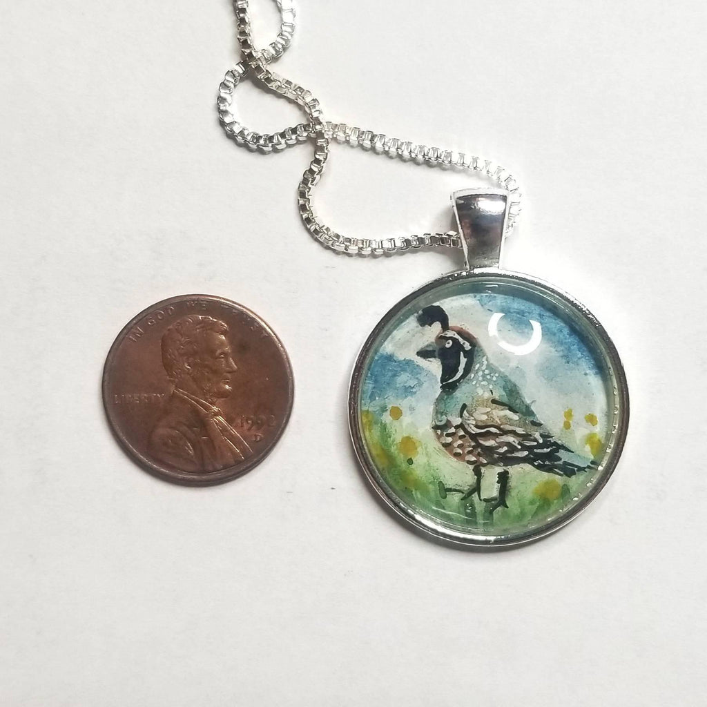 Quail necklace miniature wearable painting. Hand-Painted California state bird in watercolor