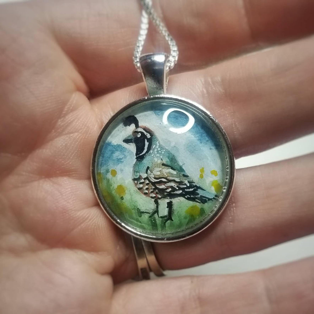 Quail necklace miniature wearable painting. Hand-Painted California state bird in watercolor
