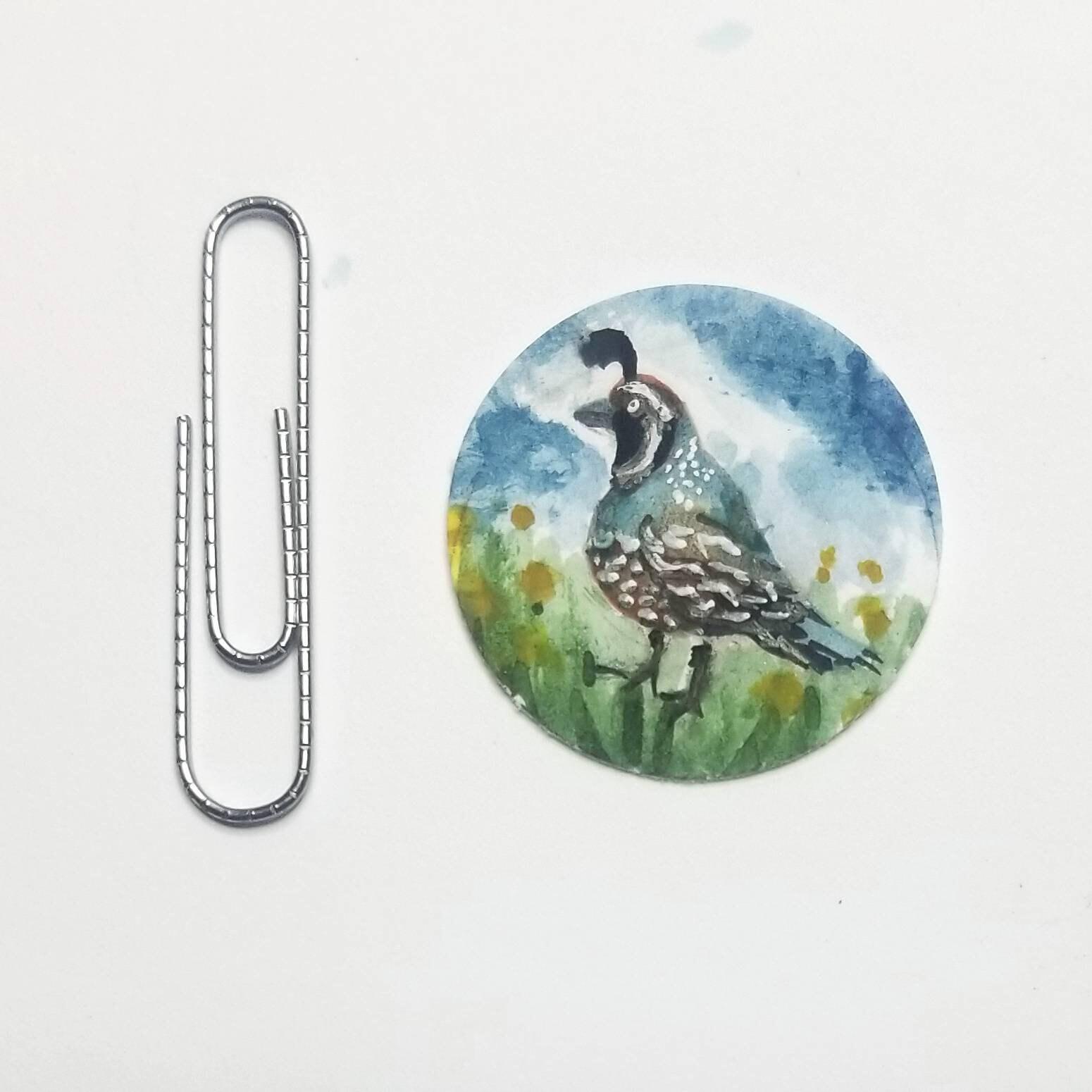 Quail necklace miniature wearable painting. Hand-Painted California state bird in watercolor
