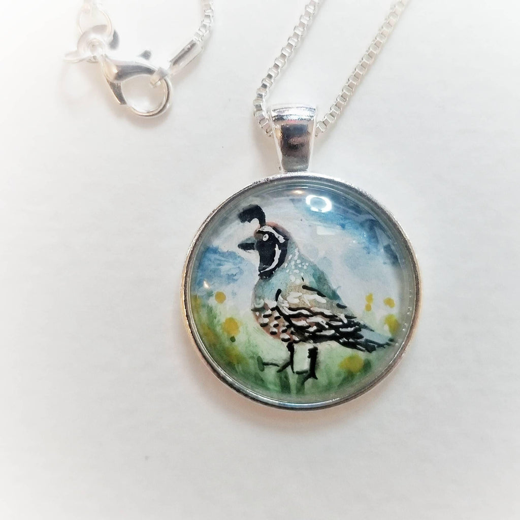 Quail necklace miniature wearable painting. Hand-Painted California state bird in watercolor