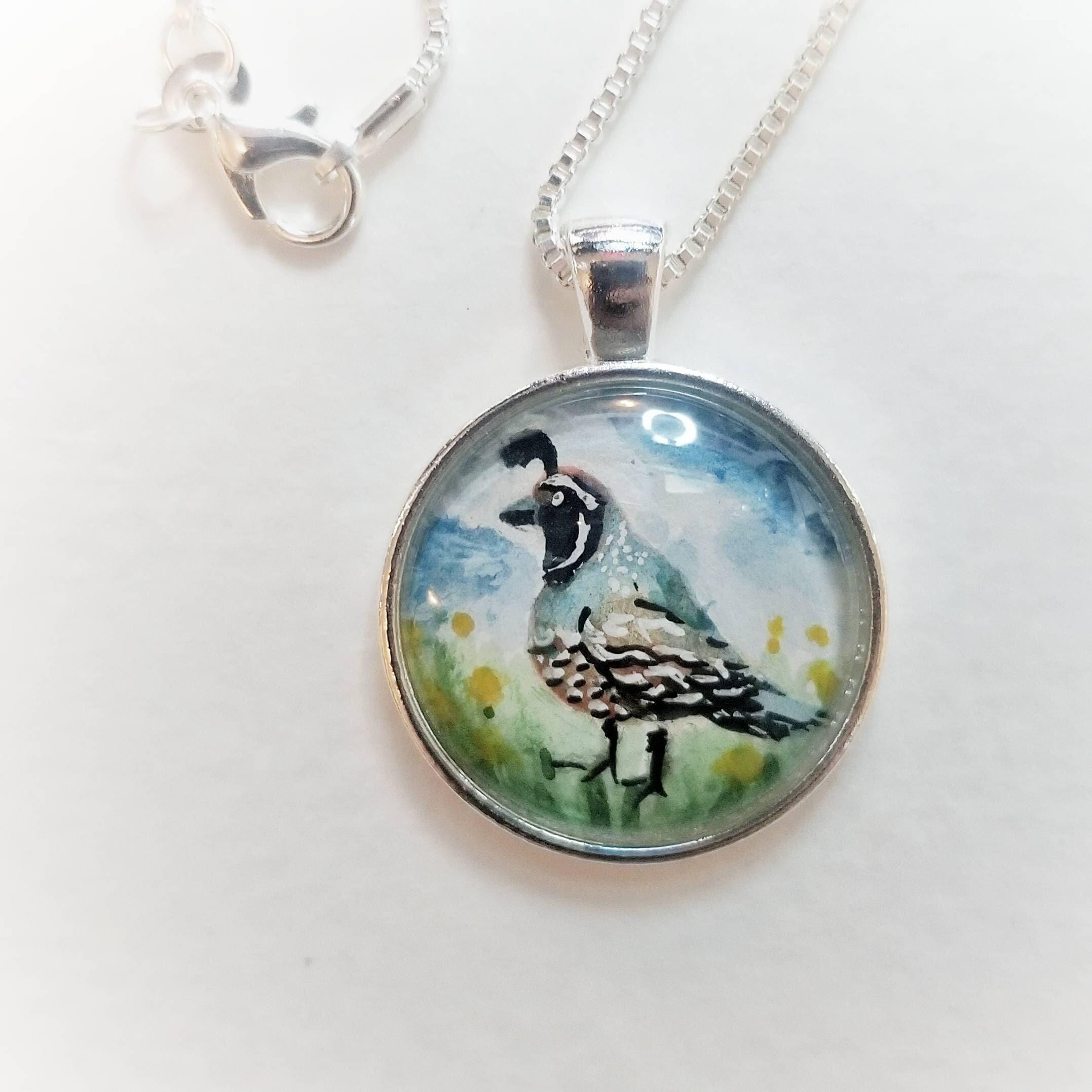 Quail necklace miniature wearable painting. Hand-Painted California state bird in watercolor