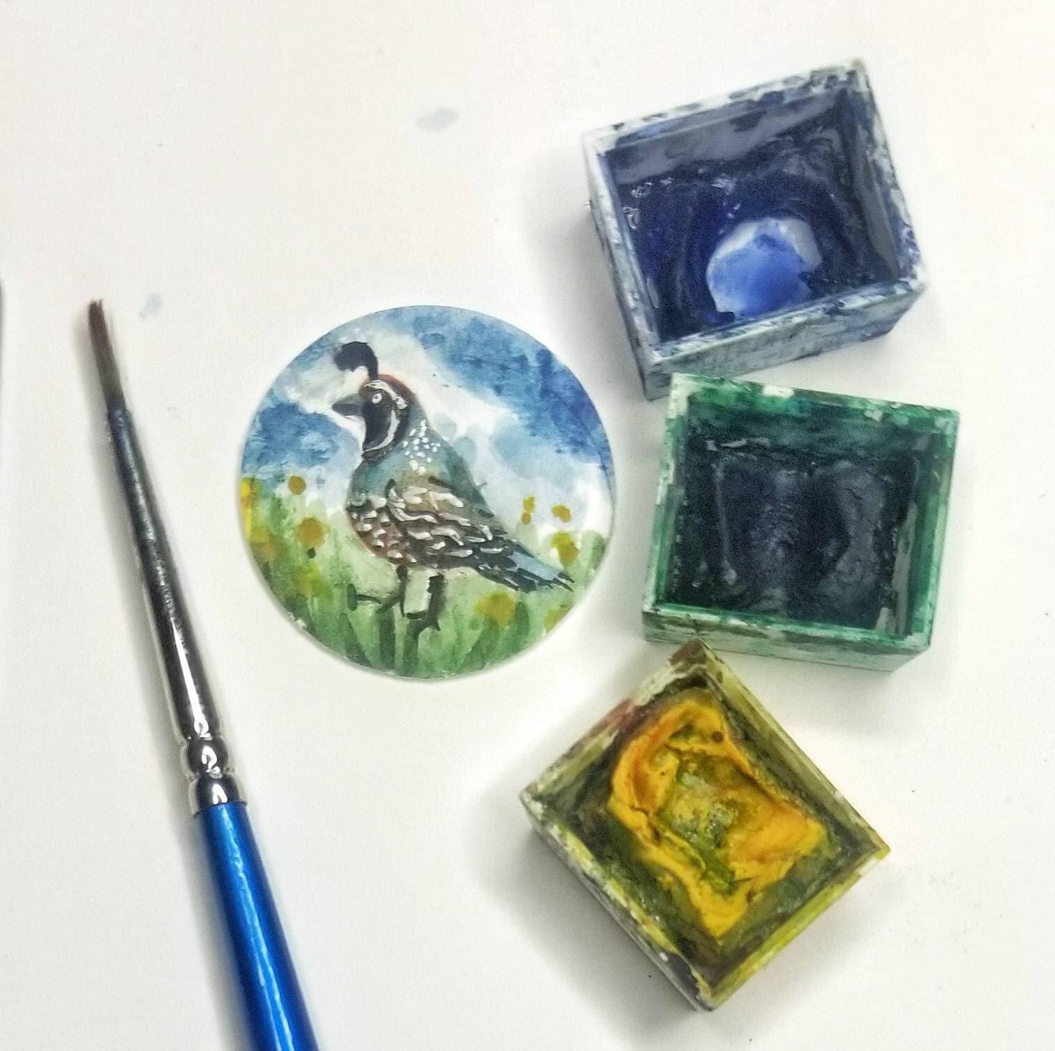 Quail necklace miniature wearable painting. Hand-Painted California state bird in watercolor
