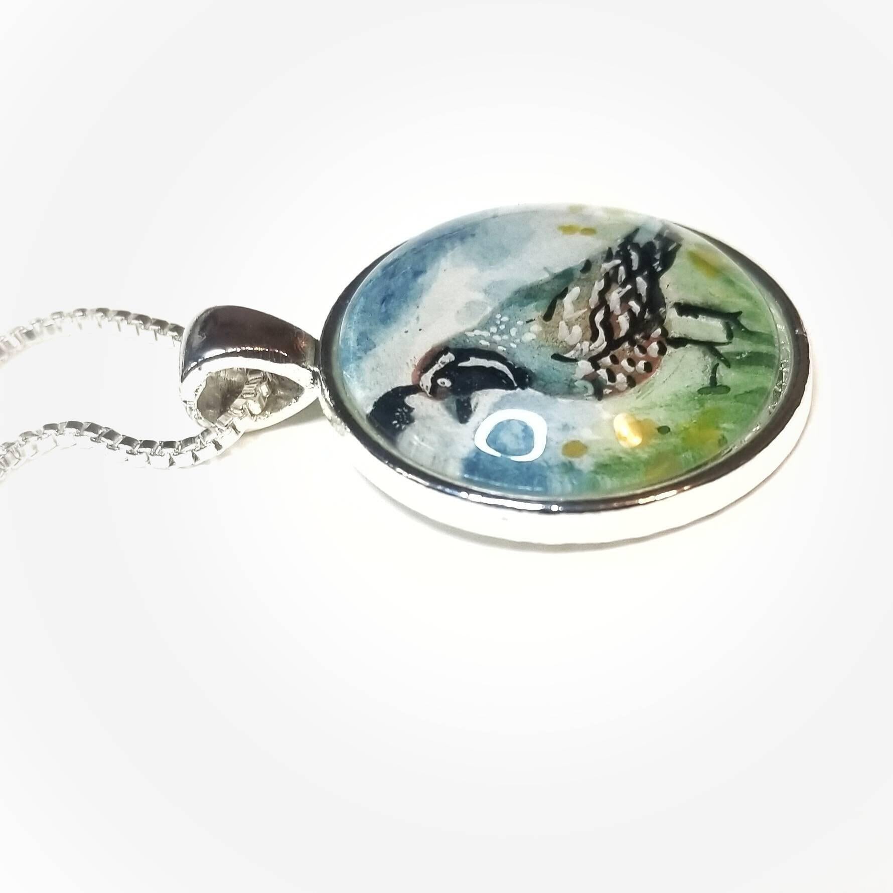 Quail necklace miniature wearable painting. Hand-Painted California state bird in watercolor