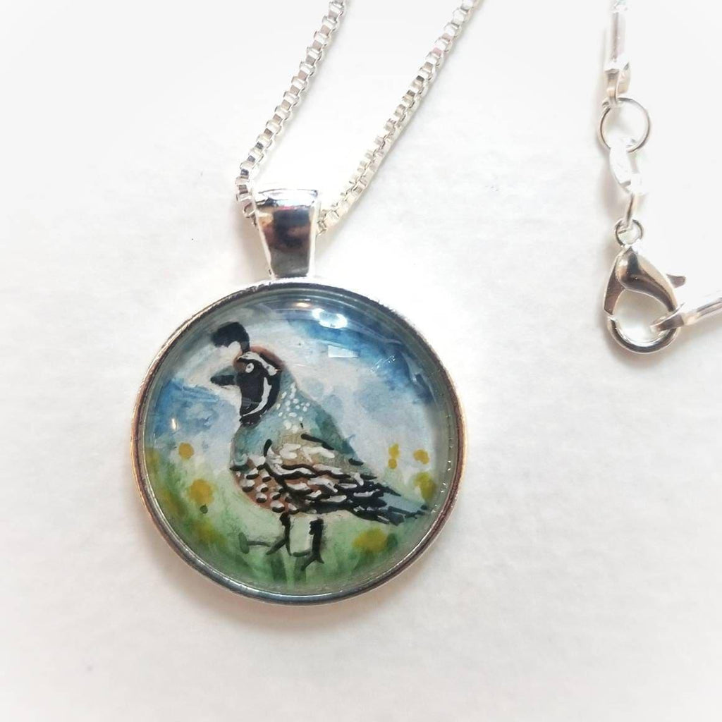 Quail necklace miniature wearable painting. Hand-Painted California state bird in watercolor