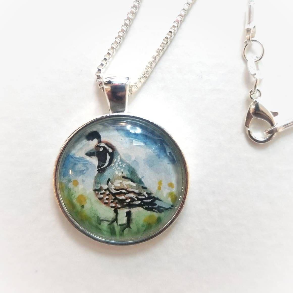Quail necklace miniature wearable painting. Hand-Painted California state bird in watercolor