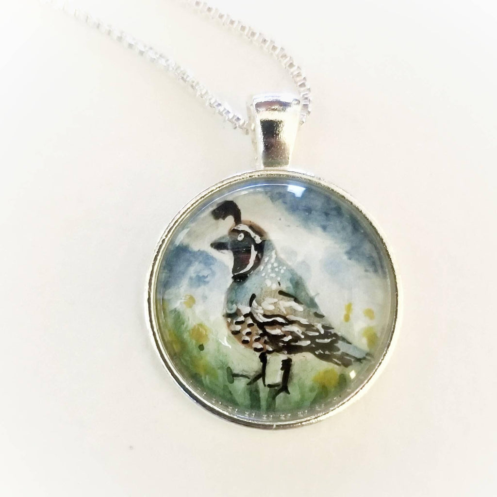 Quail necklace miniature wearable painting. Hand-Painted California state bird in watercolor