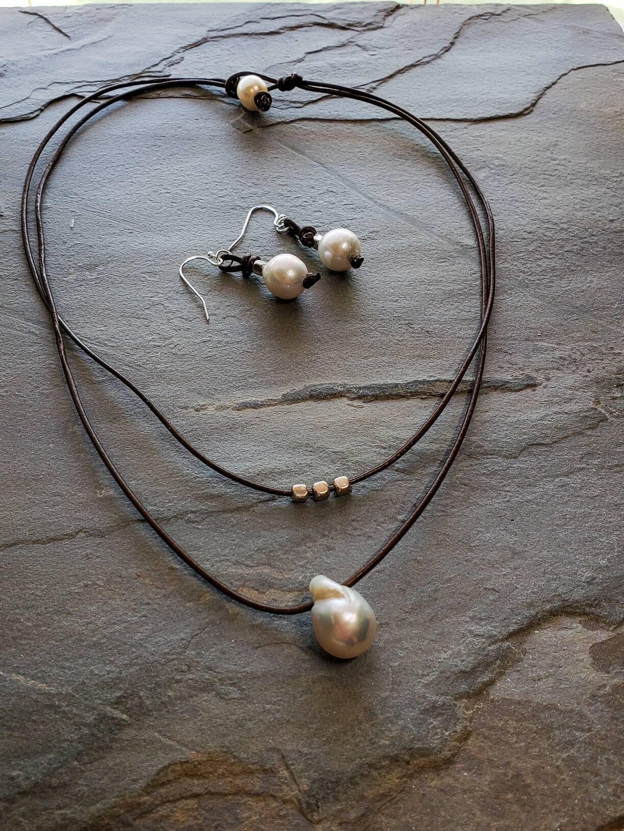 Flame ball White Pearl Leather necklace, statement jewelry, 3rd Anniversary gift for wife,